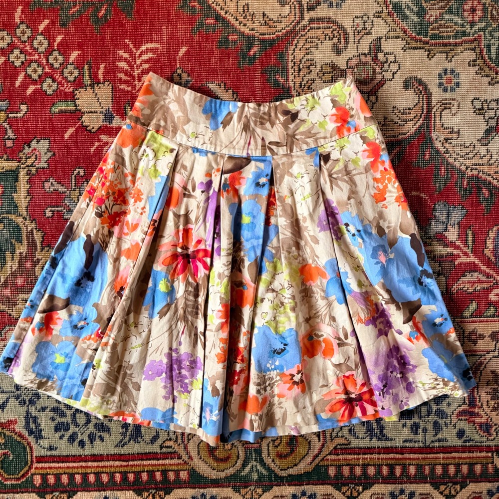 Sunny Leigh Pleated Skirt Womens 6 Tan Floral Excellent A-Line Cotton‎ Spandex